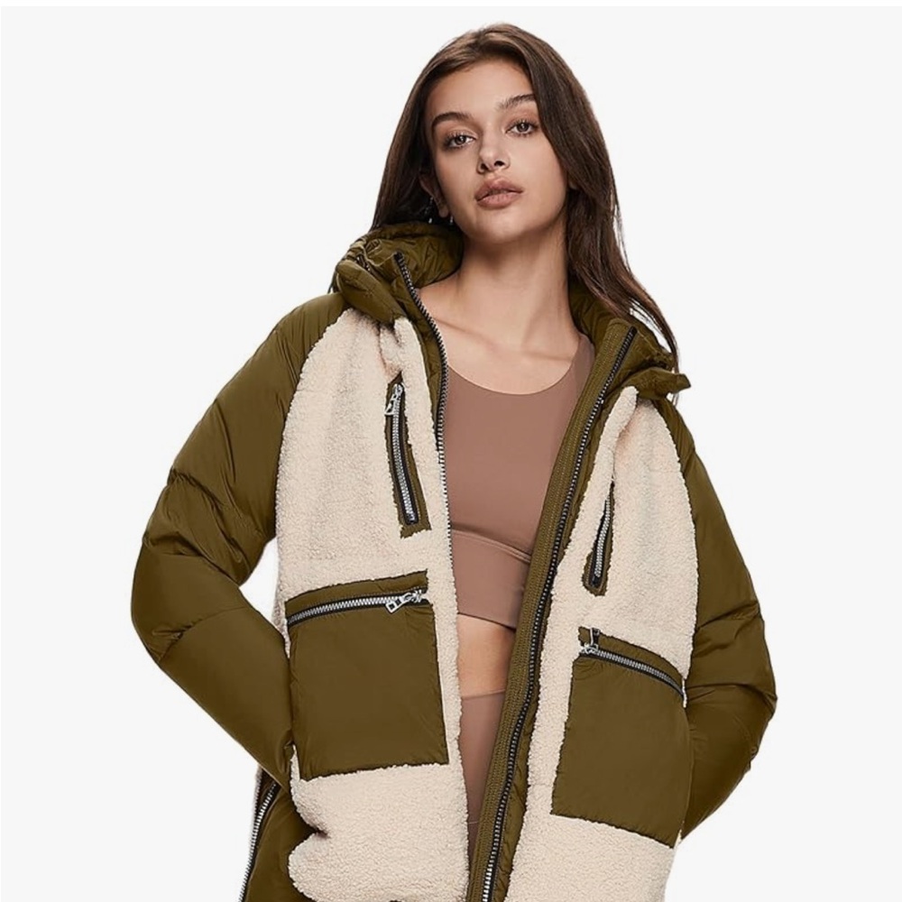 Olive Green Hooded Puffer Jacket with Cream Sherpa Panels